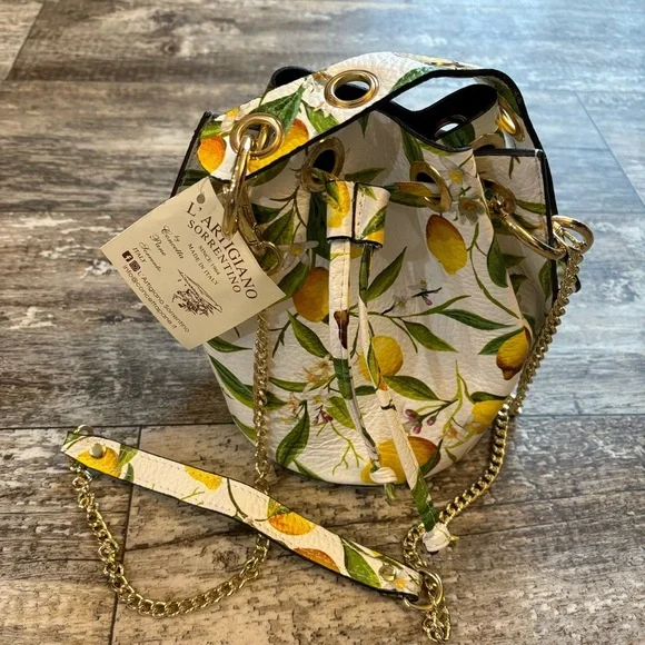 L'Artigiano Sorrentino Italian Leather Lemon Print Bucket Bag Crossbody