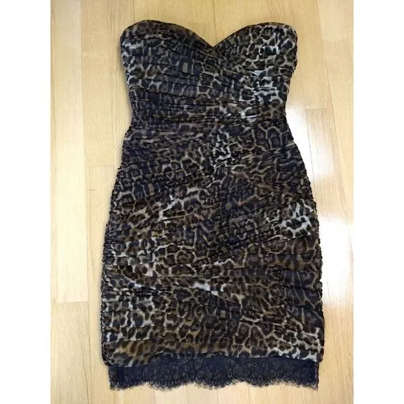 BCBGMAXAZRIA Leopard Ruched Strapless Mini Dress‎ Bovary Bodycon Womens Size 4