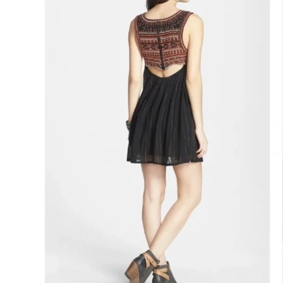 Free People Aztec Bib Beaded Embroidered Black Boho Festival Mini Dress