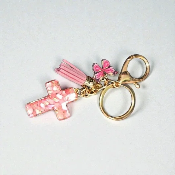 Pink‎ Glitter Cross Butterfly Tassel Keychain Bag Charm Gift