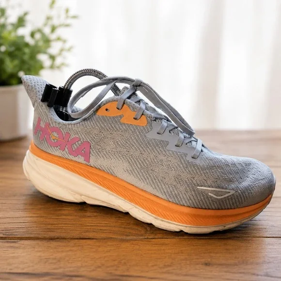 HOKA ONE ONE Clifton 9 Wide Women's Running Shoes Size 11D Gray Orange ABIW