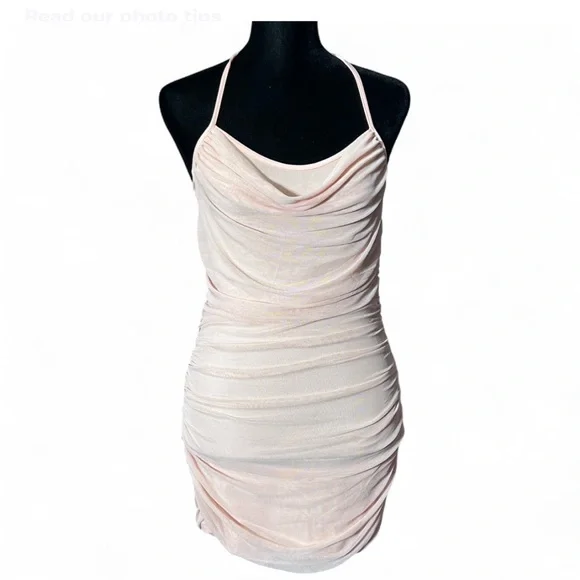 DA Peach Short And Fitted Dress With Ruffle Design On The Chest And Sides.S