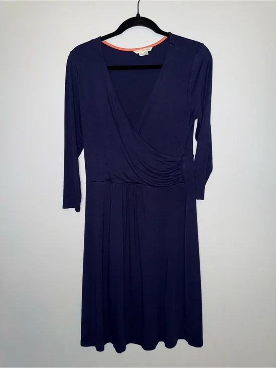 Boden Navy Wrap-Style Long Sleeve Dress with Coral Trim