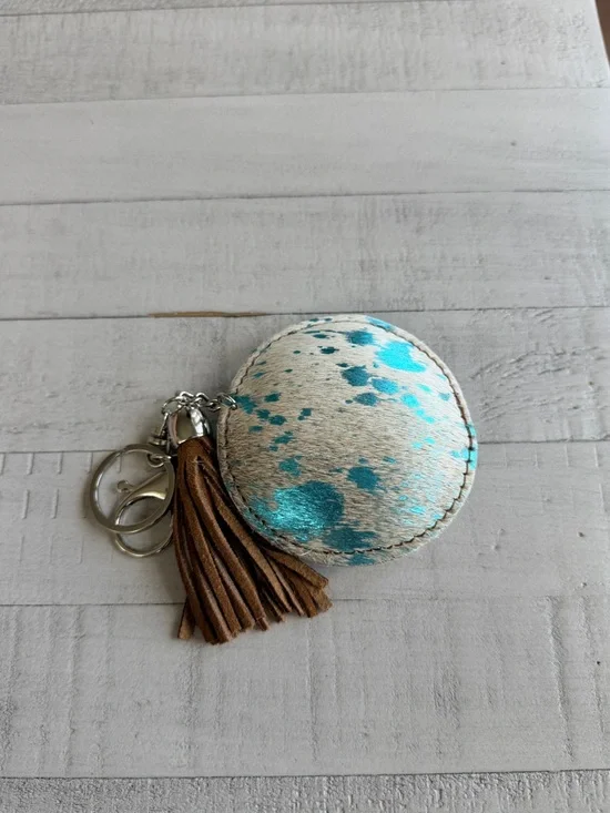 Western Acid Wash Round Turquoise & White Haircalf Keychain with Brown Tassel