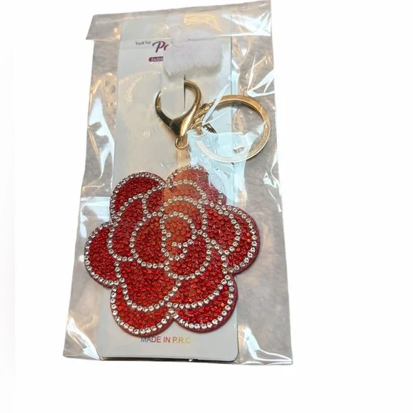 Red Rhinestone Rose Keychain Gold Tone Bag Charm Sparkly Floral