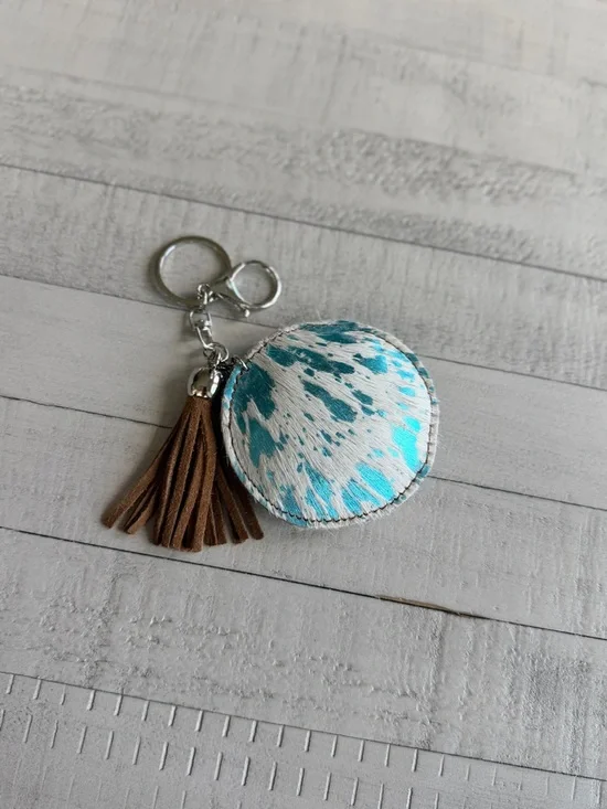 Western Acid Wash Round Turquoise & White Haircalf Keychain with Brown Tassel