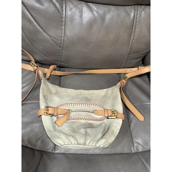 Holding Horses Anthropologie Grey Suede Leather Braided Crossbody Hobo 8