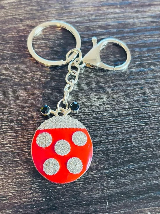 Gold Tone Red Ladybug Crystal Rhinestone Keychain