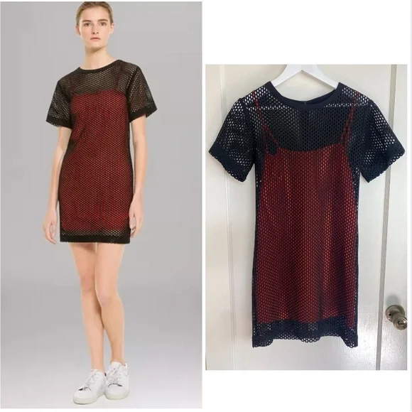 SANDRO Paris Resille Short Sleeve Mesh Overlay Combo Dress size Small