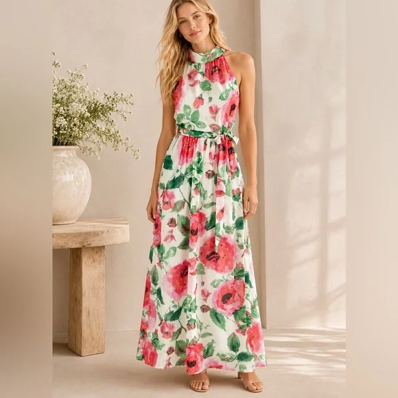 Jessica Howard Floral Chiffon Feminine Halter Maxi Dress Size 6