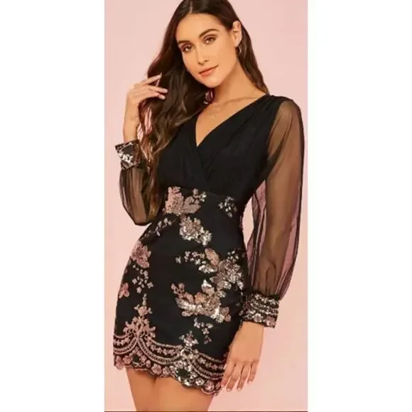 Shein black and gold floral sequined sheer sleeve dress Size medium Fairy Glam