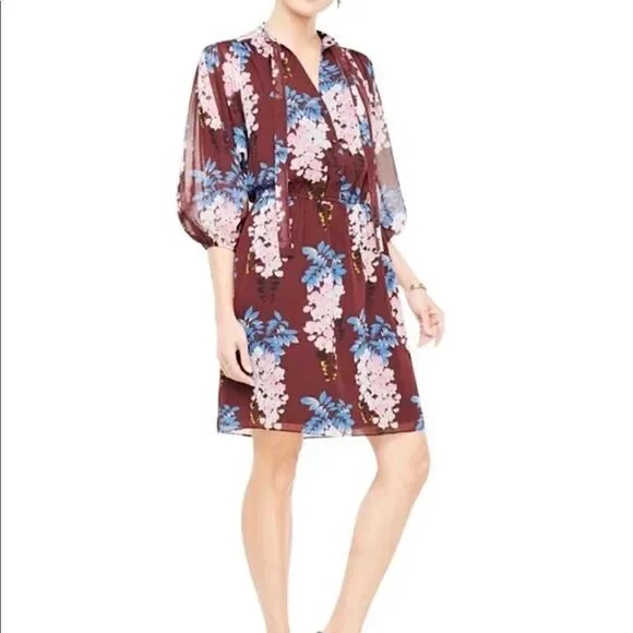Ann Taylor Women’s Floral Tie Neck Shirt Dress Brown Pink Size‎ Small Petite