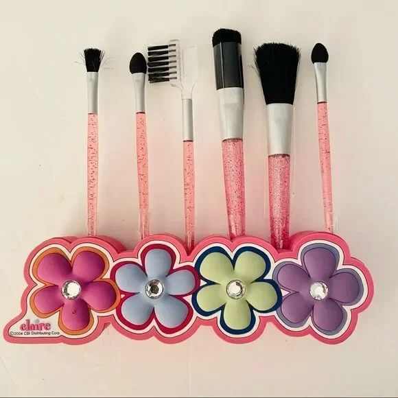 NWT Claire’s 6 Pcs Makeup Brush pink silver set with Colorful Flowers stand New