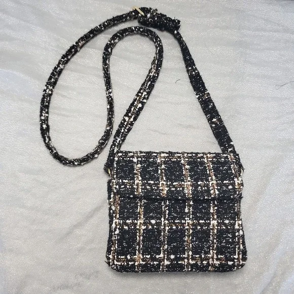 Black White Tan Plaid Tweed Crossbody Flap‎ Shoulder Purse Chic Old Money Woven