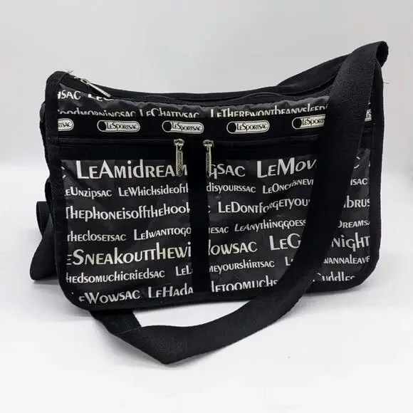 LeSportSac Black All Over Text Print Everyday Messenger Adjustable Crossbody Bag