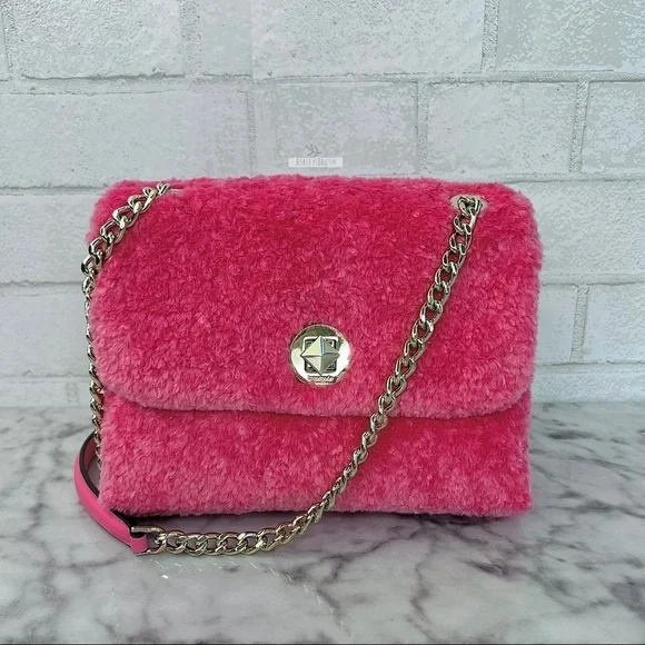 Kate Spade Natalia Pink Faux Fur Small Flap Shoulder Bag Crossbody
