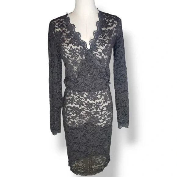 Whimsigoth Sheer Black Lace Dress Small V-neck Fairy Grunge Rosemunde Copenhagen