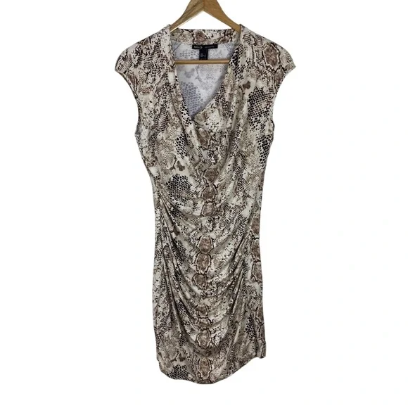 MNG by Mango Dress Women’s Size M Sheath Stretch Animal Print Cream Black Brown