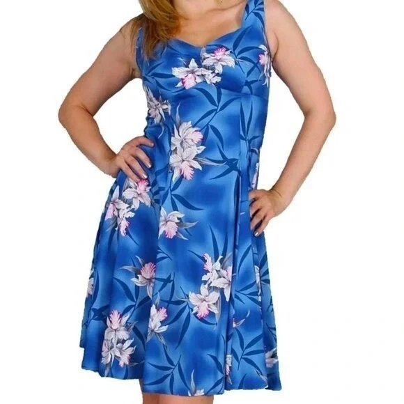 Two Palms Vtg Blue Midnight Orchid Floral Midi H-Strap Dress Women's M