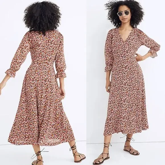 MADEWELL Clipdot Faux Wrap Midi Dress Floral Spring Prairie Cottagecore 6 Red