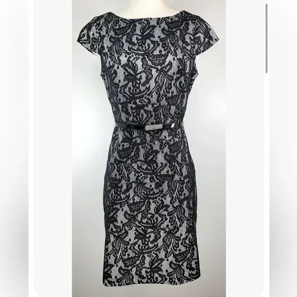 6 Alyx Knee Length Formal Cocktail Dress Black‎ White Faux Lace Print Cap Sleeve