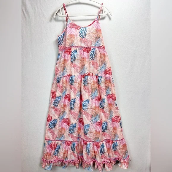 America And Beyond Pink Pompom Maxi Dress Size Large Palm Print Summer Vacation‎