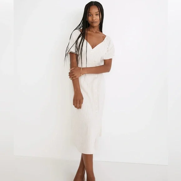 Madewell Puff-Sleeve Button-Wrap Midi Dress in Undyed Stripe