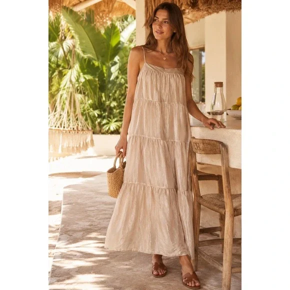 Bella Dahl Tiered Maxi Dress M Champagne Beige Silk Feel Strappy Boho Luxe