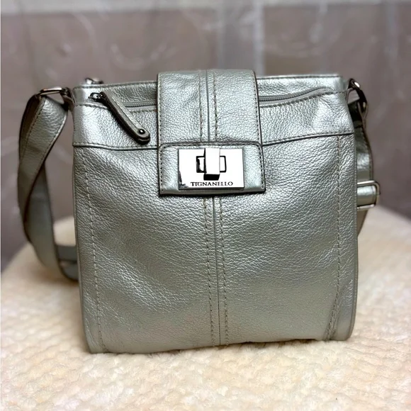 Tignanello Silver Metallic Leather Crossbody/Shoulder Purse