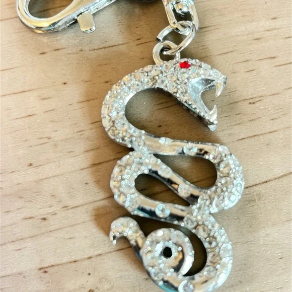 Rhinestone Snake Keychain Charm - Silver with Red Eye