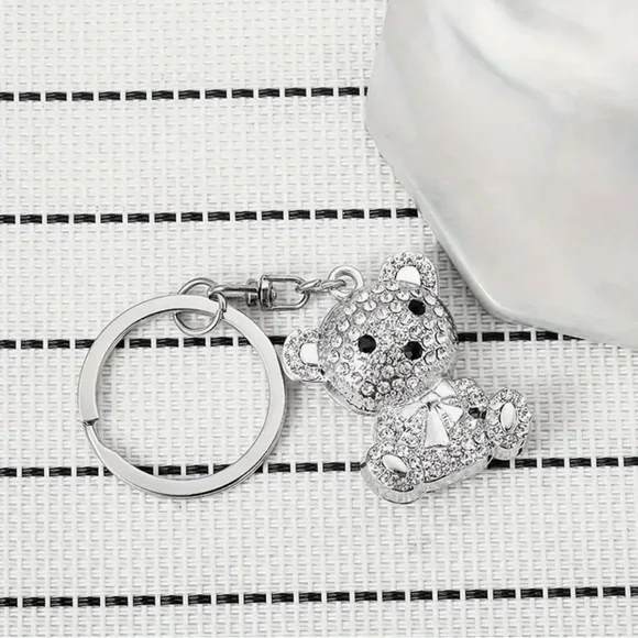 Small Bear Keychain or Purse Charm Clear Zircon with Silver Accents
