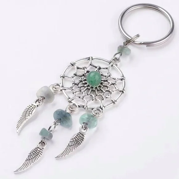 Dream Catcher Keyring Boho Native American Feathers Sea Glass Greens Silver Gift