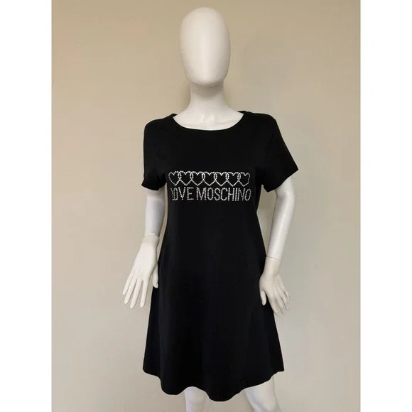 Rare Love Moschino Black 100% Cotton T Shirt Dress With Rhinestone Design US 12