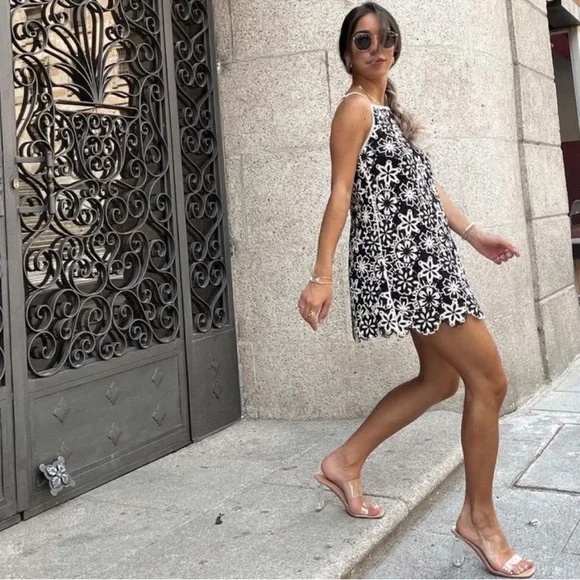 Zara Viral crochet backless mini dress black white floral slip euro summer dress