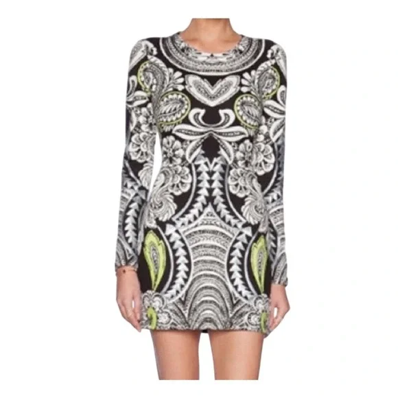 MINKPINK Black White Lime Green Paisley Print Long Sleeve Mini Dress‎ Size S