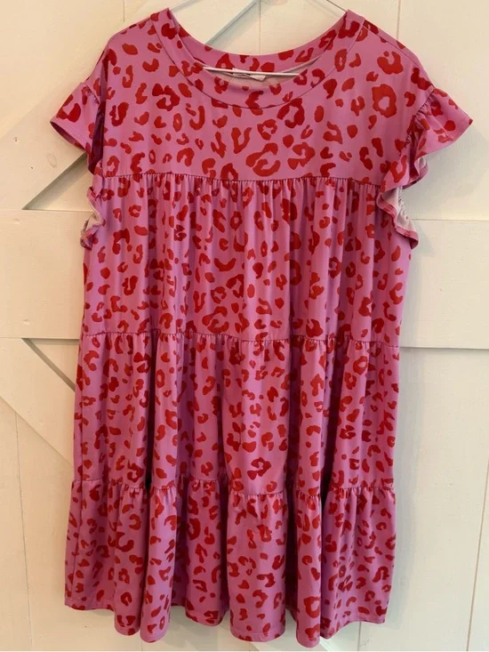 Entro Pink and Red Leopard Cheetah Mini Babydoll Dress Ruffle Sleeve Medium