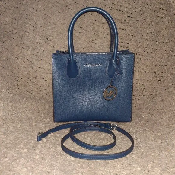 MICHAEL KOR-Mercer-Navy Pebble Leather Messenger Crossbody Bag/Tote-NWOT