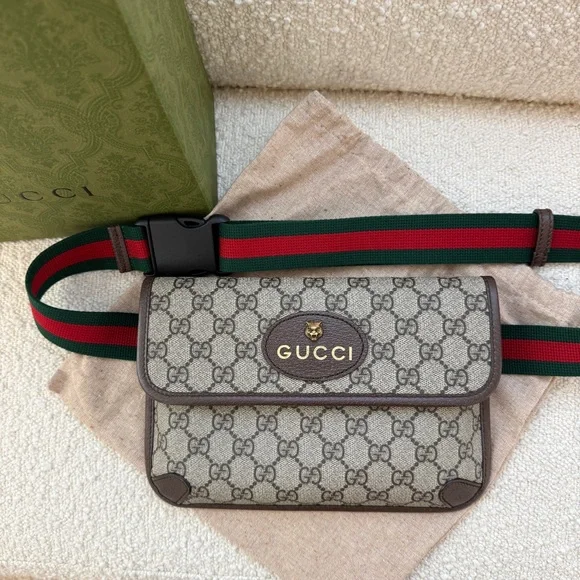 Gucci Beige + Brown Belt Bag with Green + Red Strap Purse Crossbody Fannypack