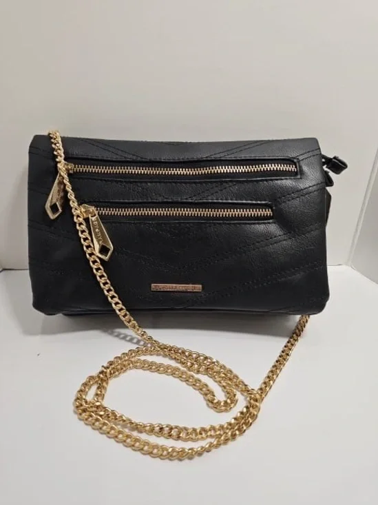 NWT Rampage Black Chevron Quilted Double Zip Crossbody Bag Gold Chain