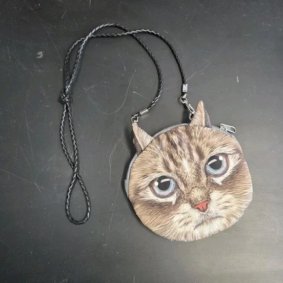 Cat Kitty Card Wallet Coin Purse Bag Crossbody Zip Pouch