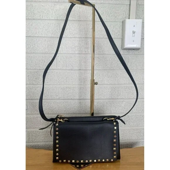 Mark & Hall Fold Over Black Faux Leather Crossbody Flap Bag Gold Rock Stud EUC
