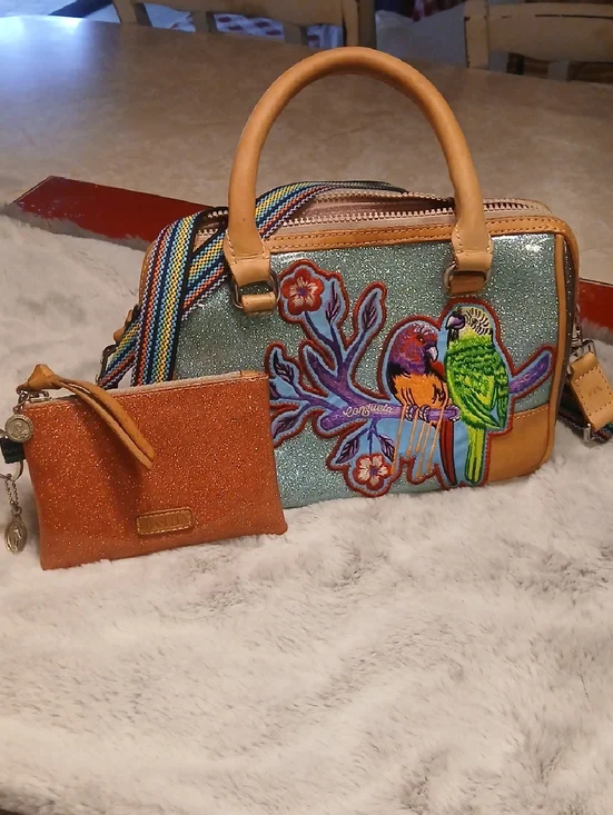 Consuela Teal Multi Parrot Embroidered Crossbody Bag with Orange Wrist 6thlet