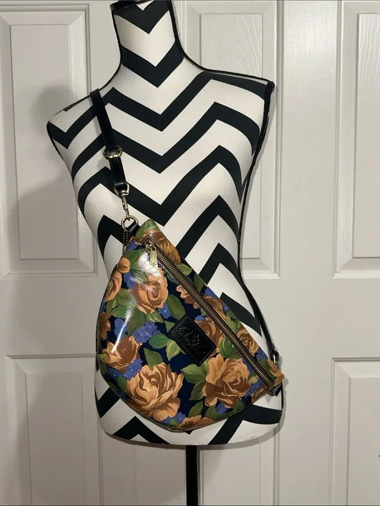 Patricia Nash Floral Sling Crossbody Bag in Navy and Tan