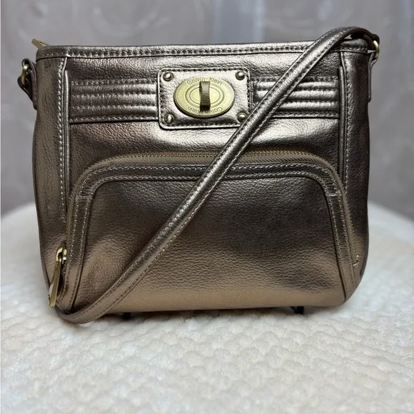 Calvin Klein Gold Metallic Faux Leather Crossbody Purse