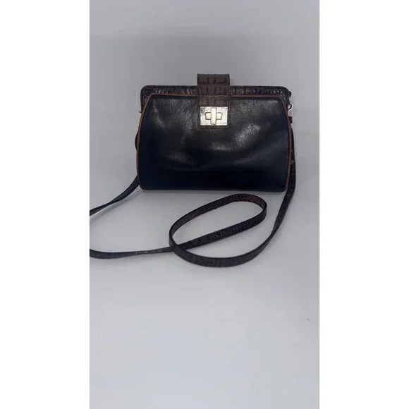 VTG Brahmin Croc Embossed Leather‎ Crossbody Bag Brown Black Suede Turnlock USA