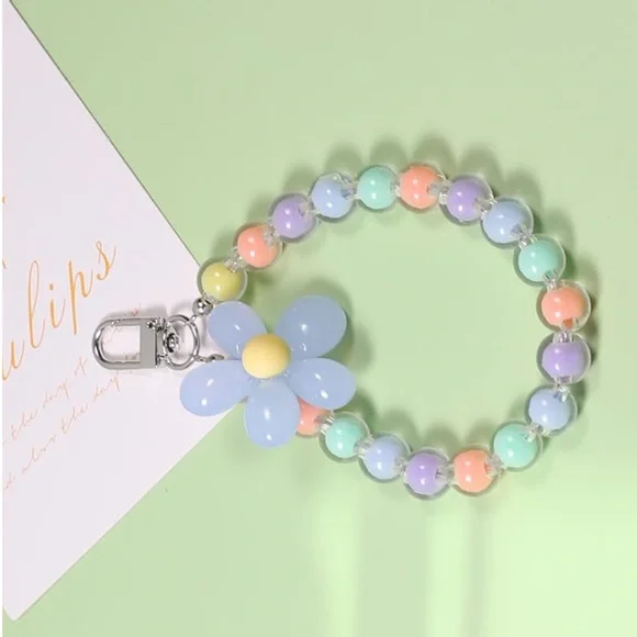 Colorful Pastel Beaded Flower Wrist Phone Lanyard Bracelet Keychain NWT
