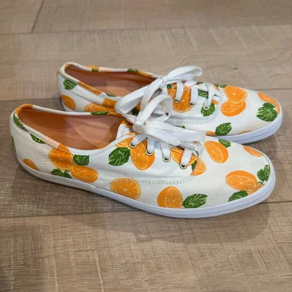 WOMENS CANVAS KEDS ORANGE PATTERN WHITE 7.5 SNEAKERS SHOES