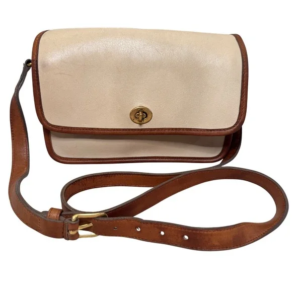 Vintage 70's Coach City Bag Bone Cream Leather shoulder Crossbody Purse Brown