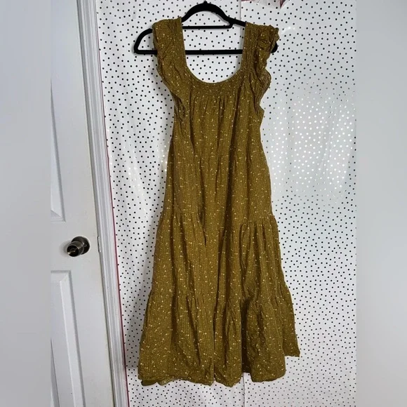 Madewell Ruffle Sleeve Tiered Midi Dress Daisy Stitch Olive
