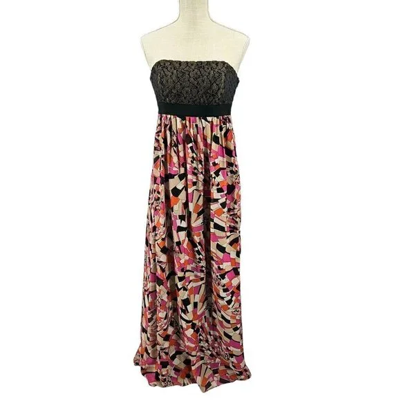 Trina Turk Silk Geometric Floral Jacquard Strapless Maxi Dress Women's 8 Preppy